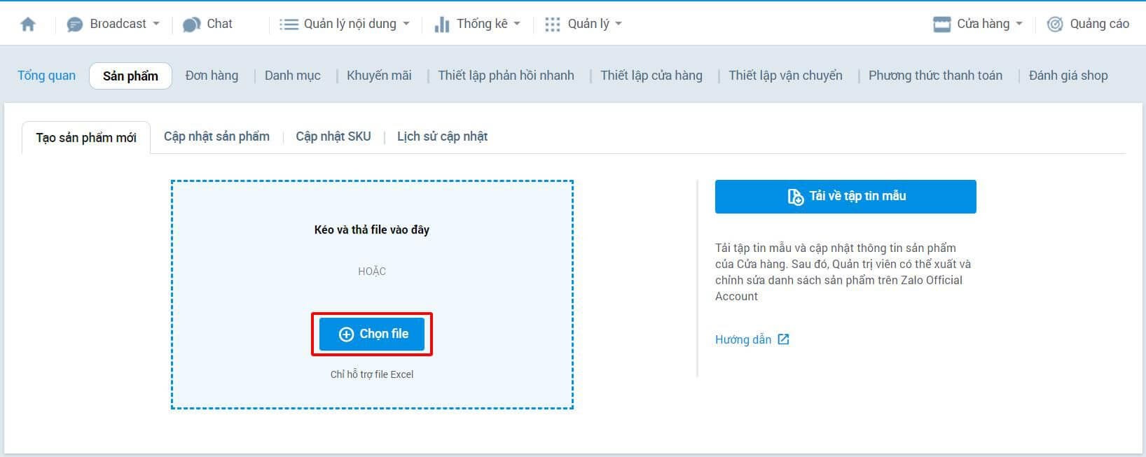 Tải danh sách lên hệ thống Zalo Shop